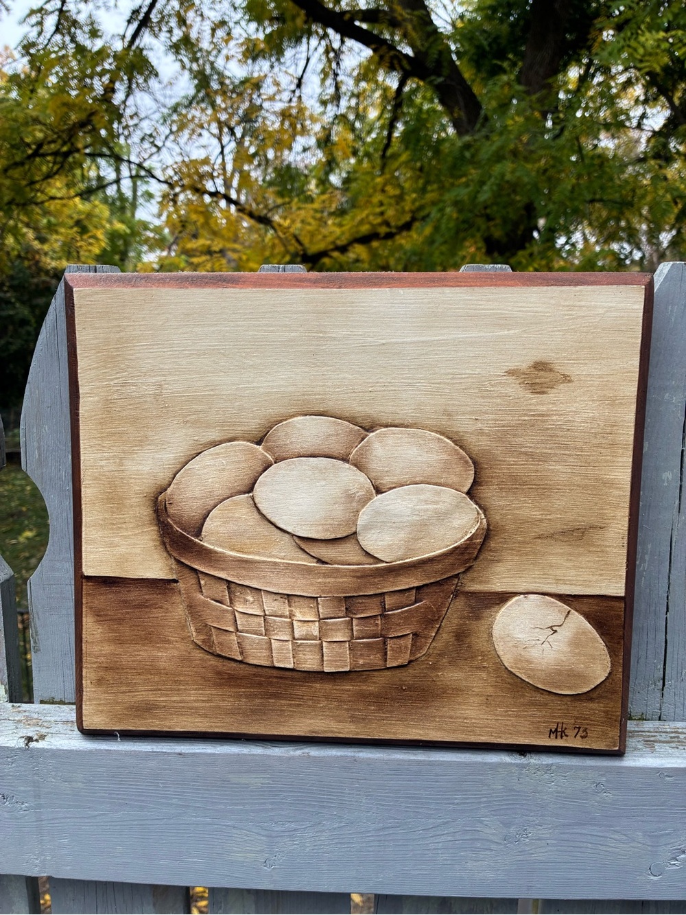 Vintage Hand-carved 3D Basket of Eggs Wood Folk Wall Art OOK